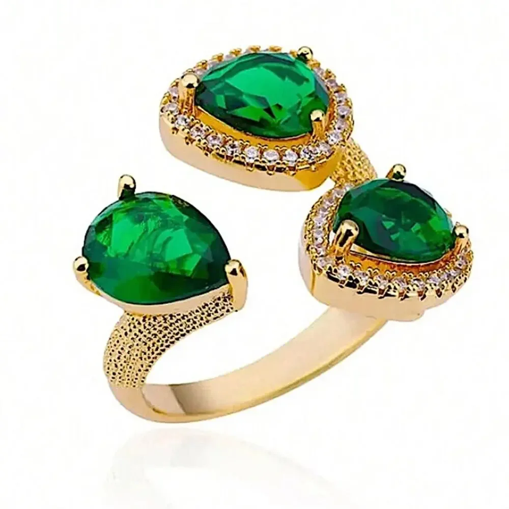 18K GOLD PLATED EMERALD LEAF RING ZIRCON ACCENTS ADJUSTABLE SIZE - Picture 4 of 6